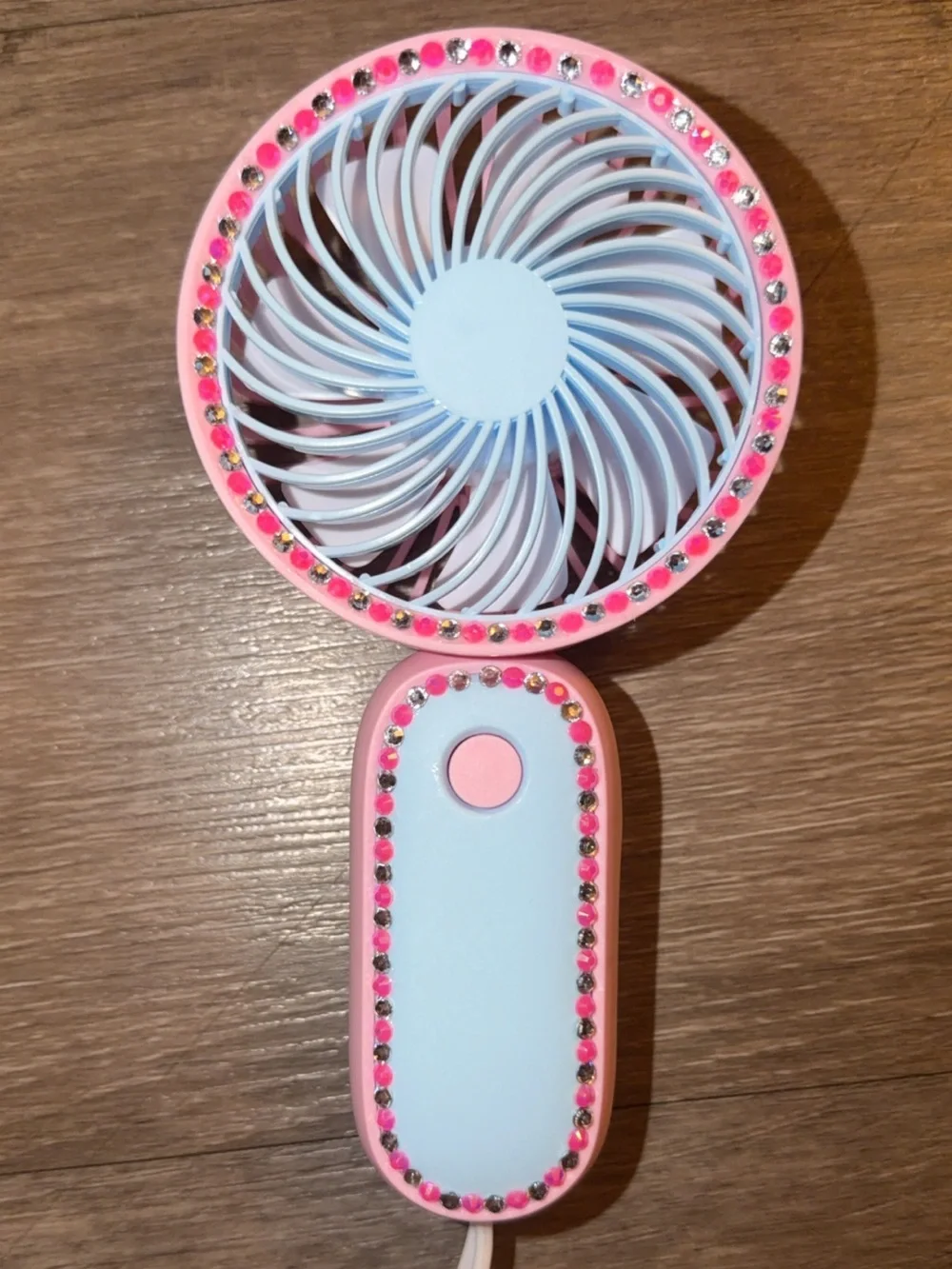 pink & blue handheld fan with pink & silver rhinestones